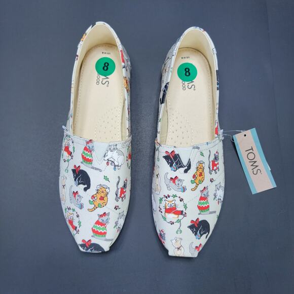 (NEW) TOMS Belmont Holiday Cats Print Ortholite Flats - Picture 3 of 5